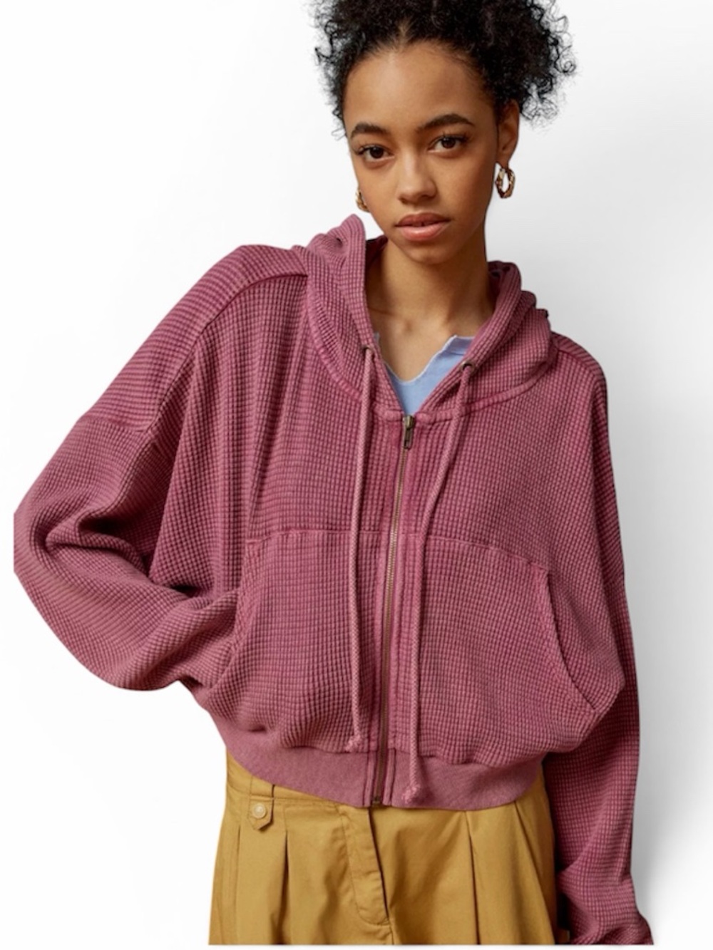 Women's BDG Cropped Waffle-Knit Zip Hoodie Size Medium